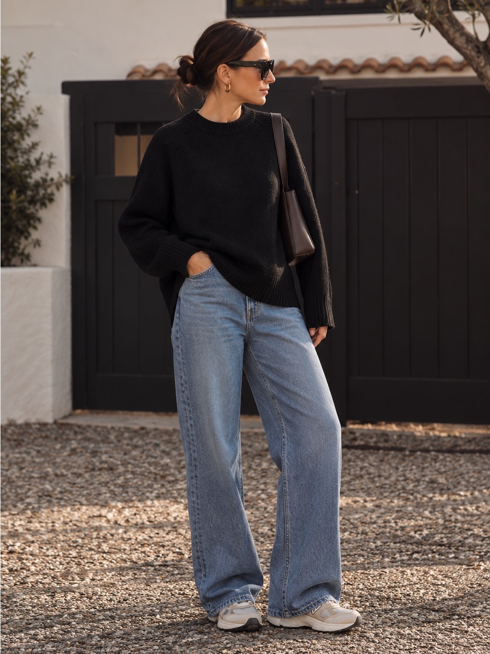 Black Oversized Relaxed Knit Sweater Quiet Luxury 100% Merino Wool Small
